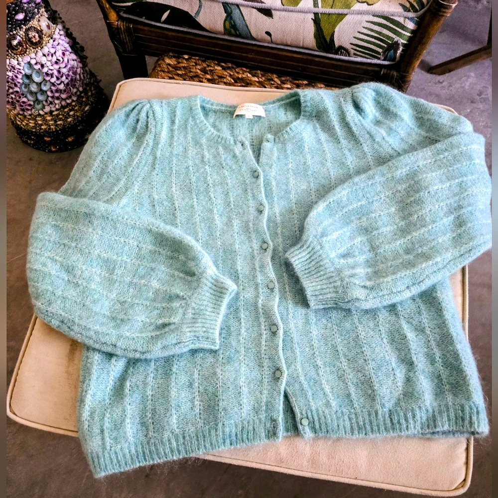 LA MAILLE SÉZANE Amance Fancy Knit Mohair Sea Green Mint Cardigan Large - Picture 4 of 13